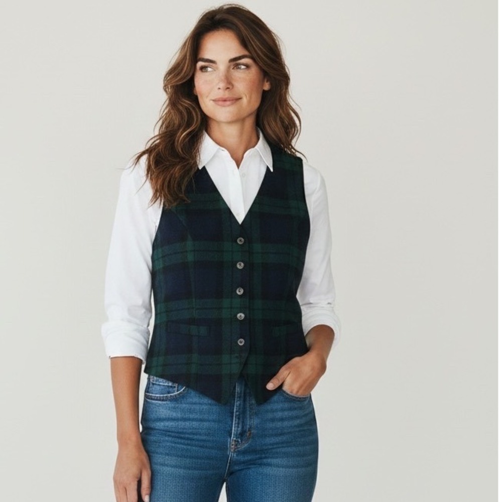 Gap Womens Black Watch Plaid Wool Blend Waistcoat Vest Navy Green Small